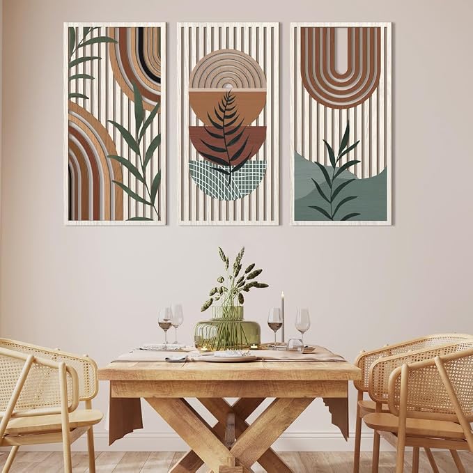 IARTTOP Large Boho Wood Wall Art 16x32 Inch Mid Century Modern Bohemian Wooden Wall Decor Brown Minimalist Geometric Plant Decor for Bedroom Living Room Dining Room Set of 3