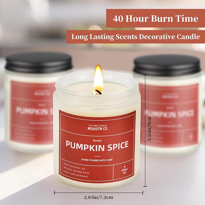 MOASITN Pumpkin Spice Fall Candle for Home Scented| Organic Soy Non Toxic Candles| Long Clean Burning Aromatheraphy Jar Candel| Women,Men Gift for Autumn,Winter,Relaxing| 9oz (9oz, pumpkin spice fall)