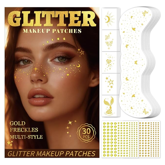 30PCS Glitter Freckles Face Tattoos & Face Gems Set, Multi-Style Gold Glitter Temporary Tattoos Makeup Patches, Fake Freckles Face Glitter for Women’s Rave Outfits & Accessories