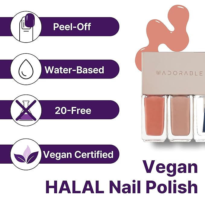 Peel-Off Vegan Nail Polish 3pc Set – Peach & Pale Peach + Clear Top Coat | Halal, Water-Based, Breathable, Non-Toxic, 0.51 fl oz