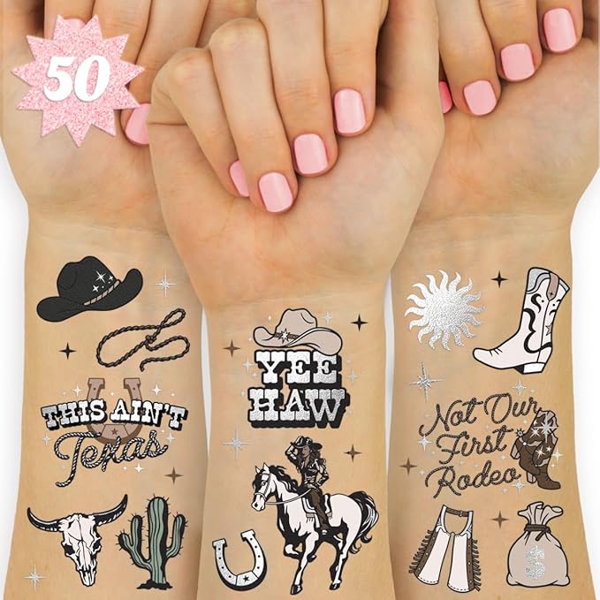 xo, Fetti Western Birthday Party Temporary Tattoos - 50 Silver Foil Pcs | Birthday Girl Accessory, Rodeo Cowgirl Bachelorette Party Decorations, Hoedown Accessory, Country Theme Party Supplies