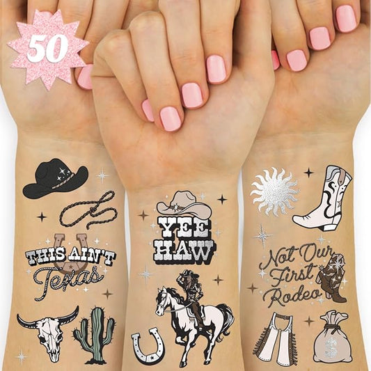 xo, Fetti Western Birthday Party Temporary Tattoos - 50 Silver Foil Pcs | Birthday Girl Accessory, Rodeo Cowgirl Bachelorette Party Decorations, Hoedown Accessory, Country Theme Party Supplies