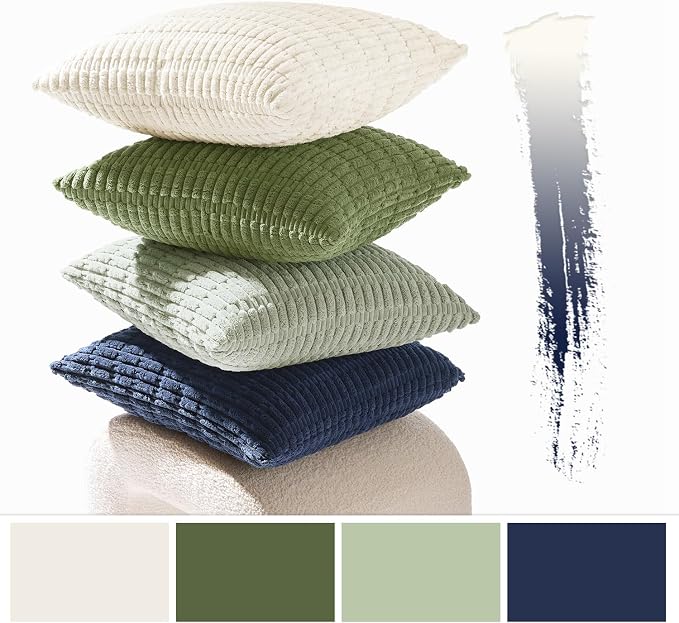 MIULEE Set of 4 Soft Corduroy Throw Pillow Covers Green Blue 18x18 Inch | Modern Farmhouse Boho Decorative pillows,Accent Cushion Covers for Couch,Sofa,Bedroom