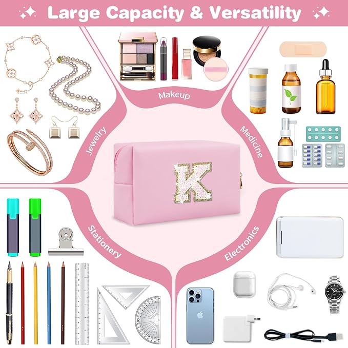Small Personalized Initial A-Z Patch Makeup Bag,Pink Cute PU Leather Glitter Letter Cosmetic Bag for Teen Girls,Travel Toiletry Bag with Zipper,Preppy Monogrammed Birthday Gift for Daughter Niece K