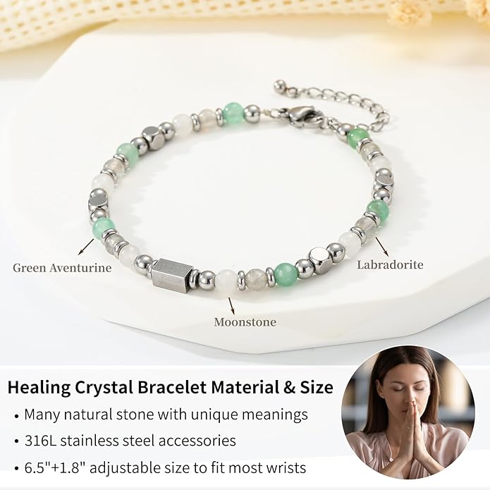 Natural Healing Crystal Bracelet for Women, Triple Protection Anxiety Relief New Beginnings Good Luck Empath Protection Jewelry Gift for Friends Daughter Mom 6.5+1.8 Inches
