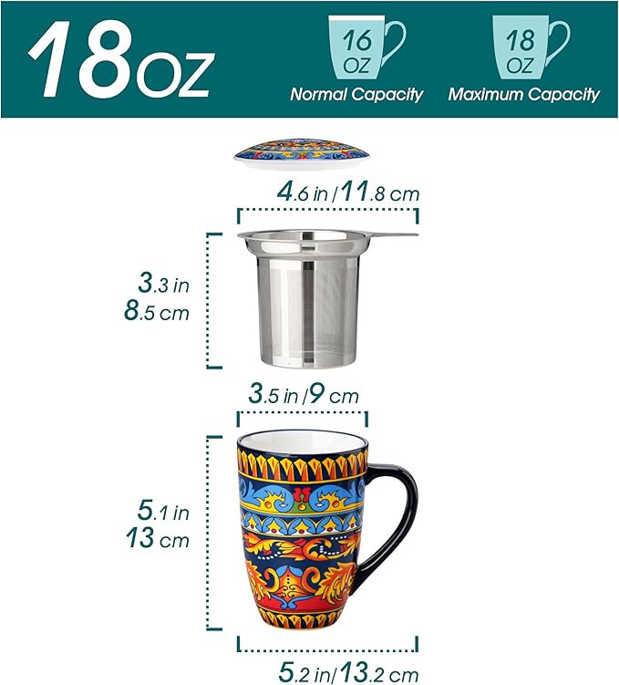vancasso Ceramic Tea Cup with Infuser and Lid, 18 Ounce Tea Infuser Mug for Loose Leaf Tea, Microwave & Dishwasher Safe, Bohemian Mandala, Gift for Tea Lovers, Midnight Peacock