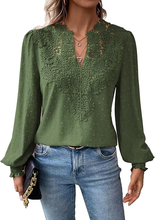 Womens Tops Swiss Dot Boho Long Sleeve Shirts V Neck Casual Chiffon Blouses Flowy Lace Hem Cute Clothing Trendy 2026