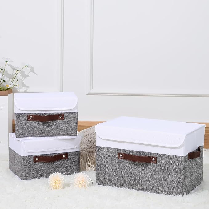 ANMINY Fabric Storage Box Bins with Lids, Gray White, 10"x8"x7", 4 Pack | Keepsake Memory Storage, Cotton Linen, PP Board Reinforced, Washable, PU Handles, Foldable & Stackable, Decorative, Small