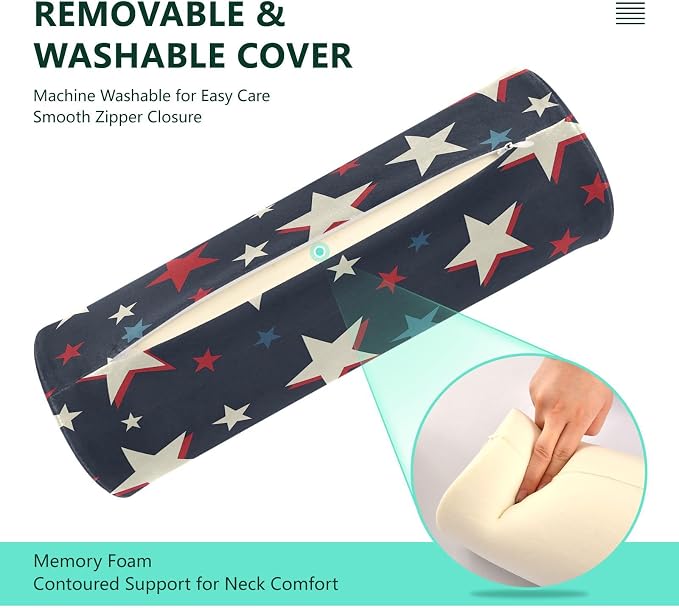 Neck Roll Pillow Bolster Round Health Memory Foam Long Cervical Cylinder Body Pillows with Removable Washable Cover Bed Legs Back Yoga Stars Blue July 4th Patriotic