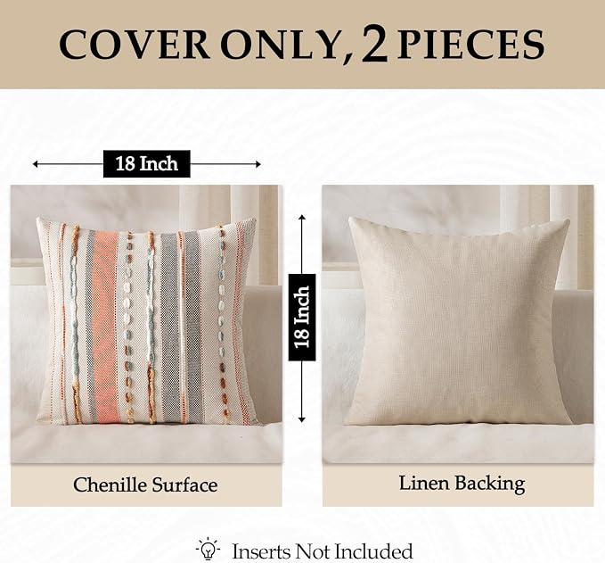 ANRODUO Boho Decorative Throw Pillow Covers Pink Stripe 18x18 Pack of 2 | Throw Pillow Covers, Farmhouse Cushion Case, Chenille Pillow Cases, Pillow Covers, Accent Neutral Pillowcase for Sofa Couch