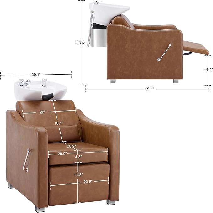 BarberPub Backwash Shampoo Station Chair, Adjustable Porcelain Ceramic Hair Wash Bowl with Chair, Shampoo Station for Barber Shop, Spa Beauty Salon Equipment 9364 (Brown)