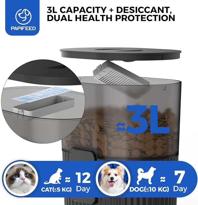 PAPIFEED Automatic Cat Feeder with App, 2.4G WiFi Cat Food Dispenser, 3L Slow Feeder Timed Cat Feeders for Dry Food, 10 Meals/Day, 6 Portions/Meal, Dual Power Supply Smart Pet Feeder for Small Dog