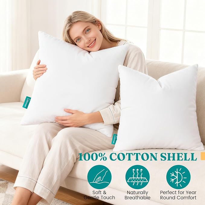Oubonun 18x18 Feather Down Alternative Throw Pillow Inserts, 100% Cotton Cover, Medium Firm Decorative Pillow Inserts for Couch, Sofa, Bed, Chair (Set of 2)