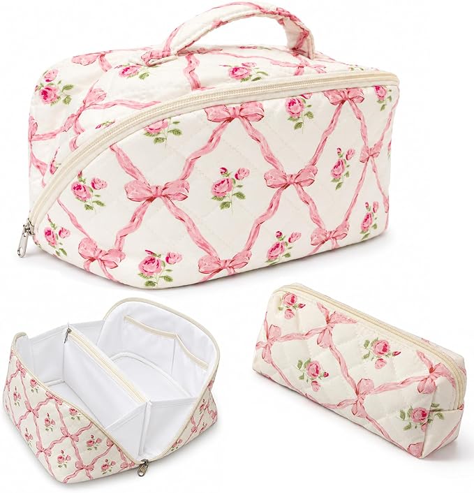 Travel Makeup Bag for Women,Large Capacity Quilted Cosmetic bag， 2PCS Make up Bag Set Open Flat Toiletry Bag for Skincare, Brushes & Travel Essentials (Pink)