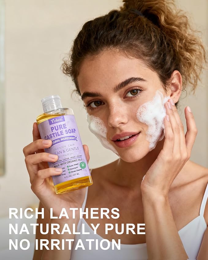 Yoken Pure Castile Soap Liquid Lavender 8 OZ, Made with Certified Organic Oils, Gentle Lavender Soap for Hands & Body Wash, Face, Dishes, Laundry & More - Vegan & Natural Ingredients Cleanser