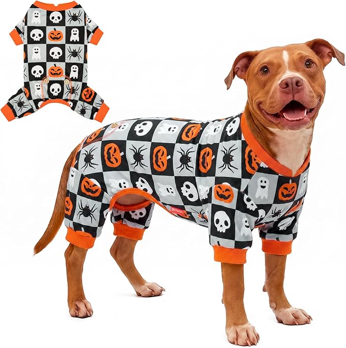 KYEESE Dog Halloween Pajamas for Large Dogs, Checkered Pumpkin Ghost | Cozy Halloween Outfit, Great for Halloween Photos, 4-Way Stretch, Lightweight & Breathable, Gentle on Sensitive Skin