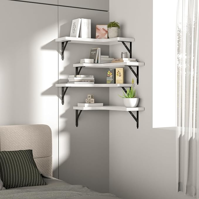 ROMGUAR CRAFT Corner Floating Shelves Wall Mounted Set of 4, Rustic Wood Storage Display Shelves for Home Decor, Bathroom, Kitchen, Bedroom, Living Room, Office (White)
