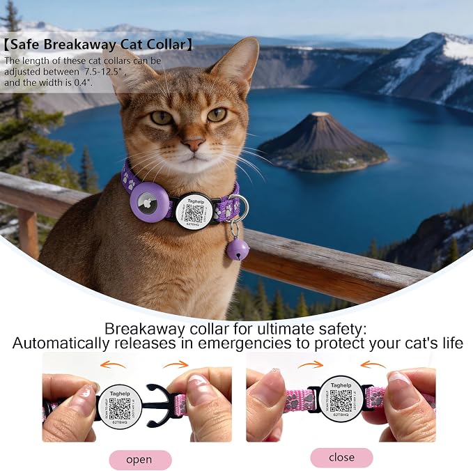 2 Pack Airtag Cat Collar, Breakaway Cat Airtag with Smart ID tag & QR Code Reflective (Star Moon & Paw Pattern - Purple, with Integrated AirTag Holder)