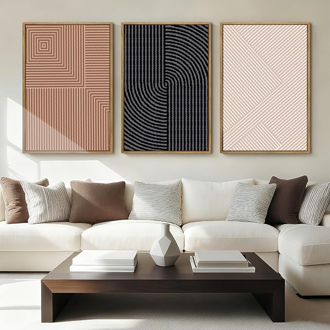 ANHUIB Neutral Abstract Modern Canvas Wall Art Set of 3 Framed Black and White Beige Wall Decor Boho Minimalist Artwork for Walls Geometric Line Painting for Living Room Bedroom Office 16x24 Inch