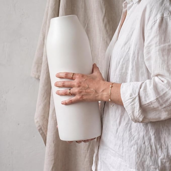 hjn 12 Inch White Ceramic Vase for Flowers, Matte Tall Modern Vase for Decor Minimalist Flower Vase for Home Decor Living Room Tabletop Centerpiece