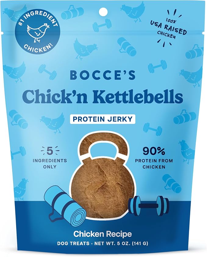 Bocce's Bakery Chick'n Kettlebells Protein Jerky Dog Treats, Chicken (5 oz) | High-Protein, Wheat-Free, Limited-Ingredient Treats with No Added Salt or Sugar - Baked in The USA
