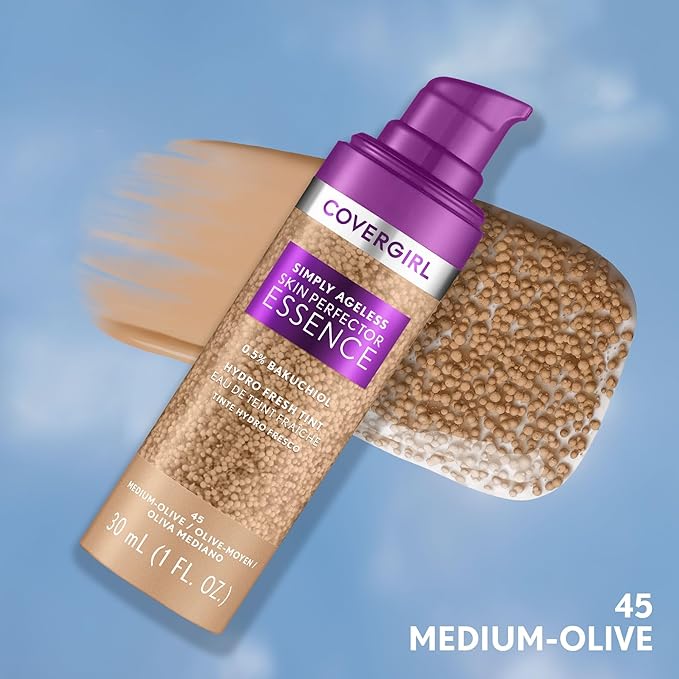Covergirl Simply Ageless Skin Perfector Essence Foundation, 45 Medium-Olive, Tinted Skincare Makeup Hybrid, Sheer Tint, Radiant Finish, Glowy Finish, Vegan Formula, 1.0oz