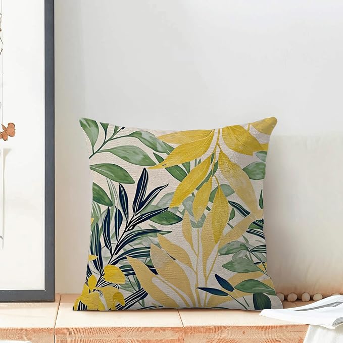 Summer Pillow Covers 18x18 Inches Set of 2 Sage Green Yellow Leaves Throw Pillow Covers Outdoor Modern Spring Summer Leaf Decoration Pillowcase Farmhouse Decorative Cushion Cover For Couch Sofa