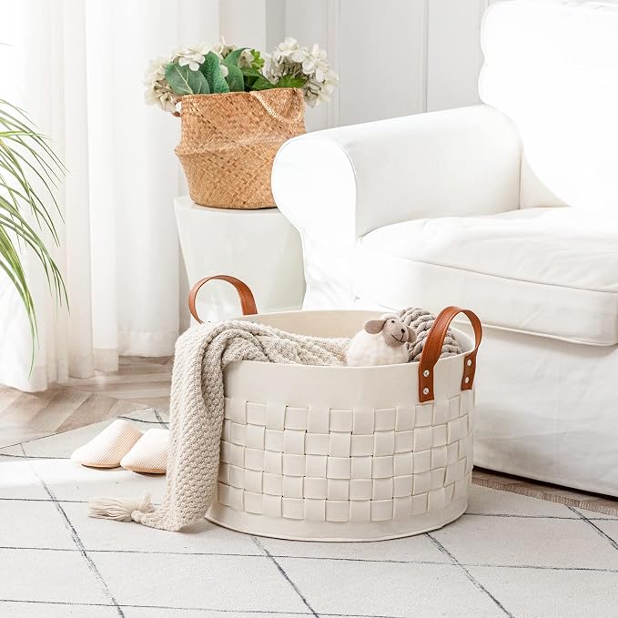 BOLDMONEKY Blankets Basket 20" x20 " x11.8 ", Large Round Laundry Hamper with Leather Handle, Soft Dog Toy Woven Basket for Storage-Beige