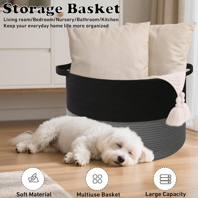 115L Large Blanket Basket,Woven Rope Laundry Basket-Black&Dark Grey | Collapsible, reinforced handles, nursery storage bin organizes clothes, toys and pillows for living room, bedroom bathroom