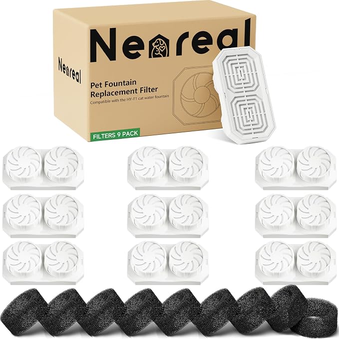 Neareal Official 9-Pack Replacement Filter Set for 108oz Cat Fountain | Includes 9 Replacement Filters & 9 Pre-Filter Sponges for 108oz/3.2L Stainless Steel Pet Water Fountain
