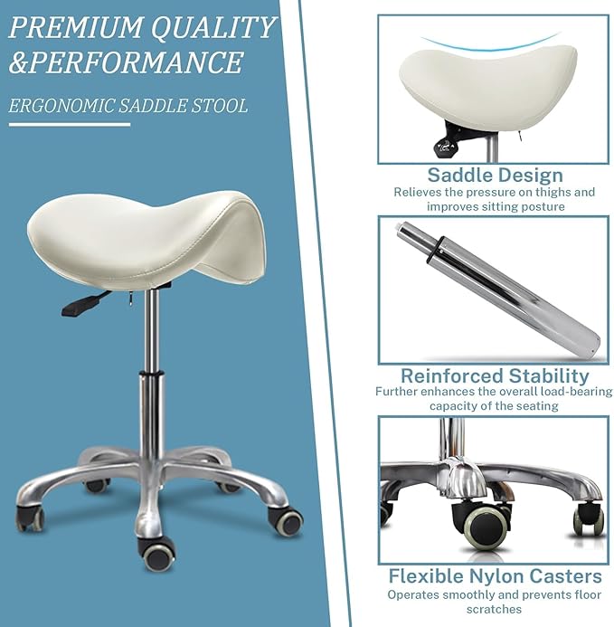 Saddle Stool with Wheels,Rolling Stool,Rolling Chair Ergonomic Swivel Rolling Chair with Hydraulic Lifting Height Adjustable Rolling for Office Medical Massage Salon Drafting(White)
