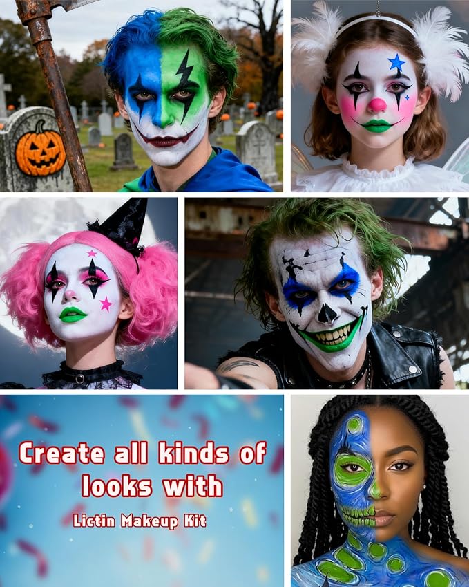 Lictin Black and White Face Body Paint with Green Pink Blue, Colorful Joker Makeup Face Paint, Professional Make Up Kit for Halloween, Costume, Cosplay, Carnivals for Adults & Kids