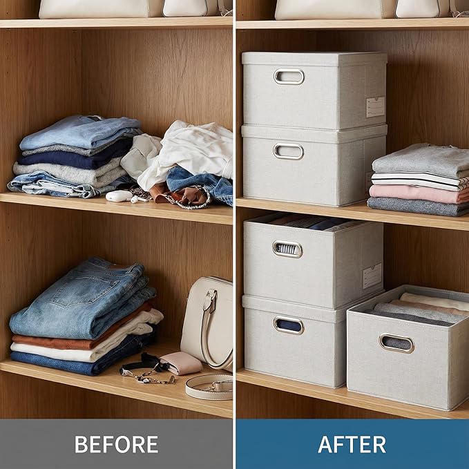 Storage Bins with Lids [3-Pack] Linen Fabric Foldable Storage Boxes Organizer Containers Baskets Cube with Cover for Bedroom Closet Office Beige（11.4X8.6X6.7