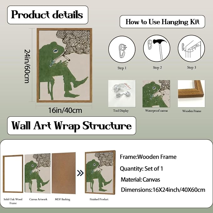 Funny Frog Smoking Wall Art Whimsical Green Frog Wall Decor Painting Cute Animal Bar Cart Poster Canvas Prints for Bedroom Living Room 16x24 inch Wood Framed