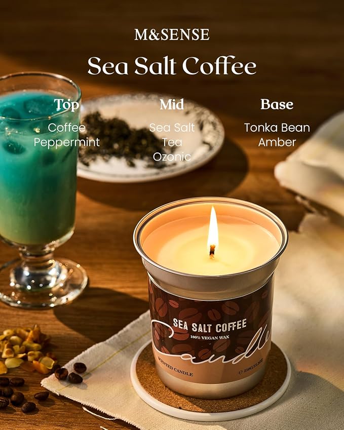M&SENSE Iced Coffee Candle Summer Sea Salt Scented, Soy Wax 12.3oz | 75 Hours Long Lasting, Clean Burn, Stress Relief Aromatherapy, Gifts for Women Men