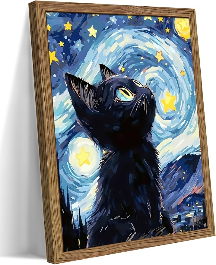 Framed Black Cat Wall Art, Van Gogh Starry Night Canvas Wall Decor, Cute Cat Animal Poster Print Picture, Impressionist Artwork Oil Painting for Bedroom Living Room Nursery 16x24 Inch