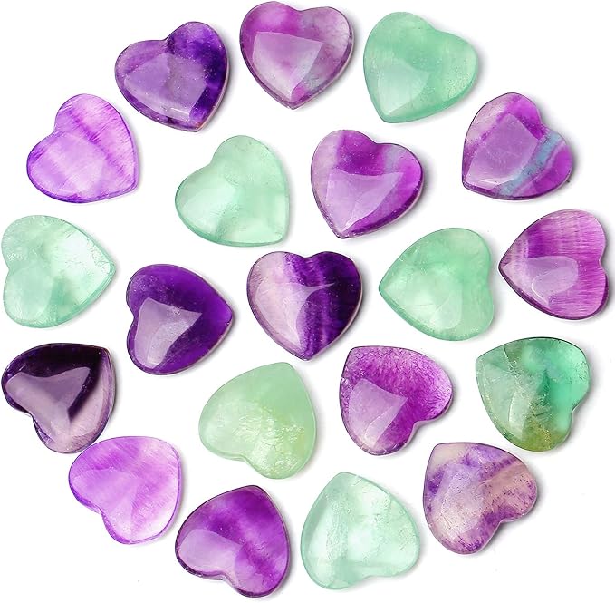 QINJIEJIE 20 PCS Fluorite Heart Healing Crystals Natural Polished Crystal Worry Stones Chakra Mini Cute Palm Love Gemstones Set Bulk Wholesale Reiki Energy Balancing Meditation Valentine's Day Gift