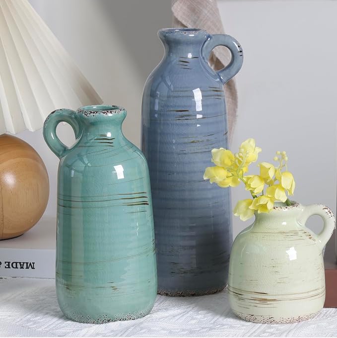 Ceramic Vase Set of 3, Vase Home Decor with Handle, Waterproof Vases | Farmhouse Vases Home for Pampas Grass & Dried Flowers, Flower Vase for Table Living Room Home Decor-Multicolor