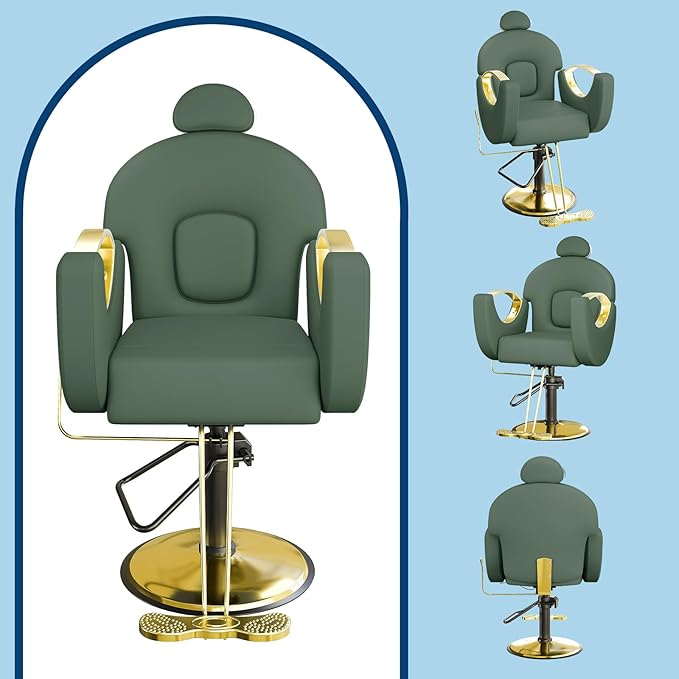 Barber Salon Chair, Reclining Salon Chair with Heavy Duty Hydraulic Pump, 360° Swivel and Height Adjustable, 330 LBS Capacity Spa Beauty Equipment Hairdresser Armchair for Barbershop- Green & Gold