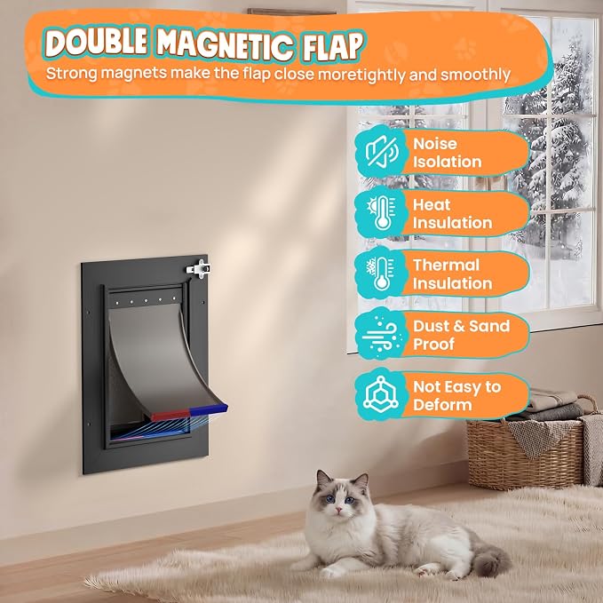 2-Flap Cat Door for Wall, All Aluminum Small Doggy Door, Pets Up to 22 LB | Magnetic Seal, Energy Efficient, Wide Telescoping Tunnel for Walls, Durable Rust Resistant, Closing Panel, Safety Locks