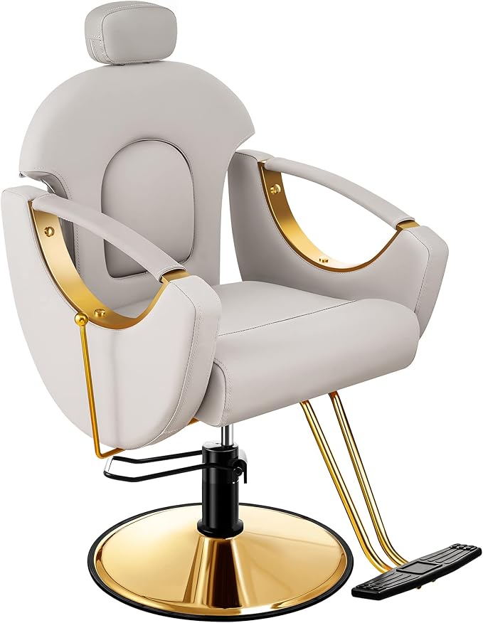 Baasha Ergonomic Reclining Salon Chair with Adjustable & Removable Headrest, Gold & Gray Hydraulic Styling Chair, Soft PU Leather, 135° Recline, 360° Swivel, Heavy-Duty Steel Frame, 330 lbs Capacity