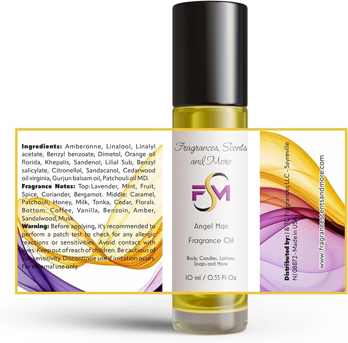 Angel Man Fragrance Oil - 3 Bottles 0.33 Fl Oz Glass Roll On (10ml)