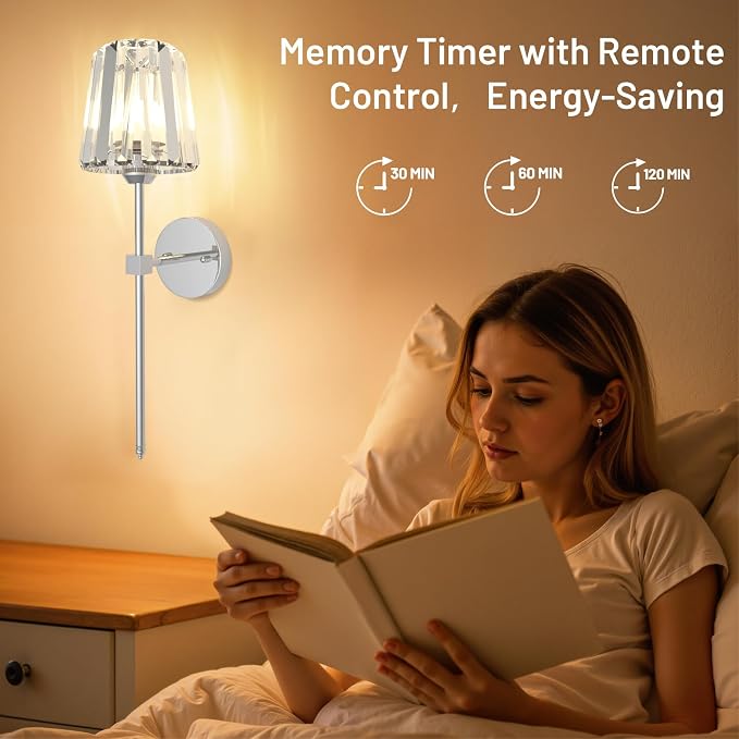 Crystal Battery Operated Wall Sconces Set of 2, Chrome Rechargeable Wireless Wall Lights with Crystal Lampshade, 12 RGB and 3CCT Dimmable Wall Lamps with Remote for Bedroom Living Room Hallway