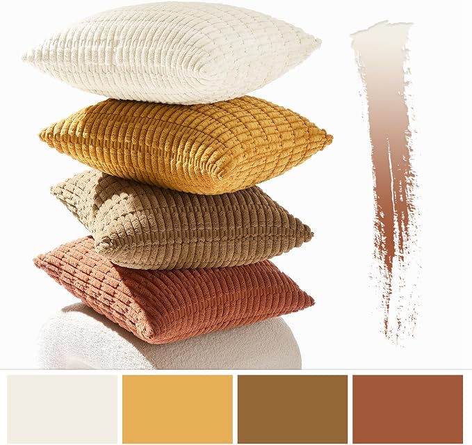 MIULEE Pack of 4 Fall Corduroy Decorative Throw Pillow Covers 18x18 Camel | Neutral Rustic Farmhouse Boho Soft Striped Pillow Covers,Home Decor for Sofa,Living Room,Couch,Bed