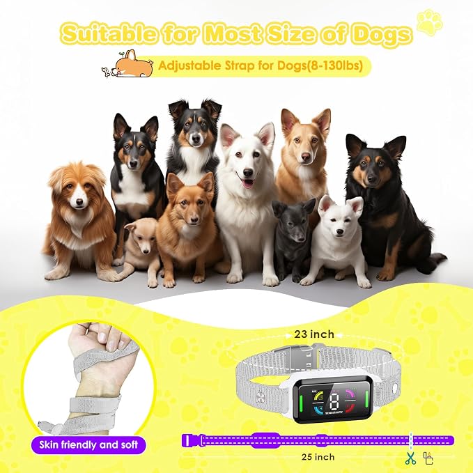 Dog Bark Collar Automatic Shock Collar Rechargeable Anti-Bark Training Collar Multifunctional Waterproof Dog Stop Barker with 6 Safe Training Modes for Dogs Weighing Over 8 Pounds (White)
