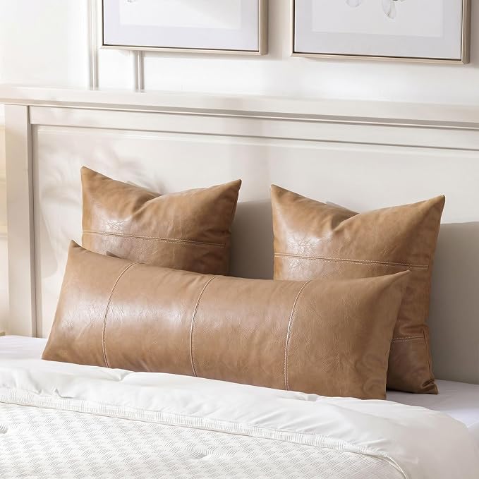 Fancy Homi Light Brown Boho Long Lumbar Faux Leather Decorative Throw Pillow Covers 14x36 Inch for Living Room Couch Bed Sofa, Hand Stitched Rectangle Cushion Case, Rustic Modern Farmhouse Home Decor