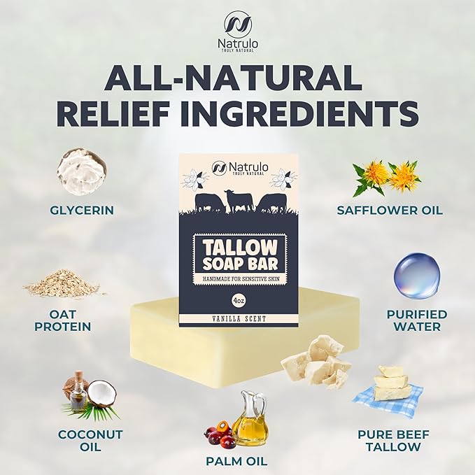 Beef Tallow Soap Bar – All Natural Grass Fed Tallow Soap Vanilla – Moisturizing Face & Body Wash Great for Eczema, Dry, Itchy, Sensitive Skin – Handcrafted Bath Soap for Adults, Kids, Made in USA