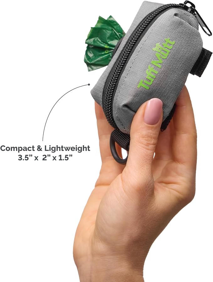 Tuff Mutt Dog Poop Bag Holder for Leashes with Velcro Attachment | Zippered Bag Dispenser, No-Swing Fit, Roomy for Backup Roll & Extras, D-Ring for Keys, Durable Fabric