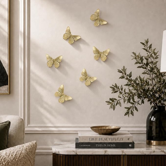 GUSFREUD 3D Butterfly Wall Decor Set – Resin Wall Decor for Living Room, Bedroom, Bathroom, Dining Room, Outdoor and Gallery Walls - Antique Gold - Set of 6