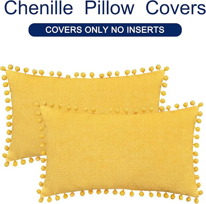 CaliTime Decorative Throw Pillow Covers 20 X 12 Inches Mustard Yellow | Pack of 2, Cozy Chenille Cushion Cases, with Pom Poms for Sofa Bed Living Room Farmhouse Home